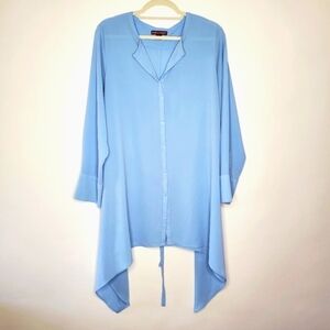 Jessica London Tie Waist Blue Tunic Size 20W Flowy Button Front Long Sleeve Top